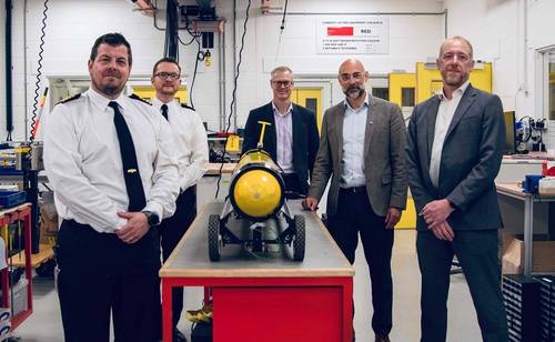 L-R: Captain Jim Lovell - Navy Develop - Head of Underwater Battlespace Capability, Commander Mark Butcher - Navy Develop - Hydrographic, Meteorology and Oceanographic Capability Sponsor, Jon Godsell, Maritime Systems Programme Manager, Dstl, NOC CEO Dr John Siddorn, and Andy Liddell, Head of Maritime Unmanned System, SALMO and Boats, Defence Equipment & Support (DE&S).
Credit: NOC