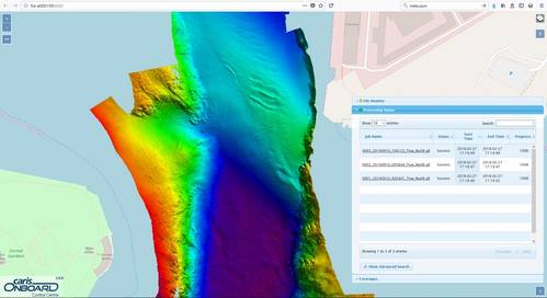 CARIS Onboard Control Centre (lower right) showing background connection to Open Street Maps, with a dynamically updated Digital Terrain Model (DTM) being rendered in near-real time (Photo: Teledyne CARIS)