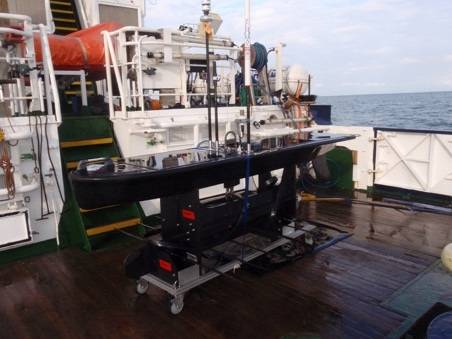 Cefas’ Wave Glider Lyra secured on deck of THV Alert following recovery after a successful 48-day mission in the North Sea. (Photo: Liquid Robotics)
