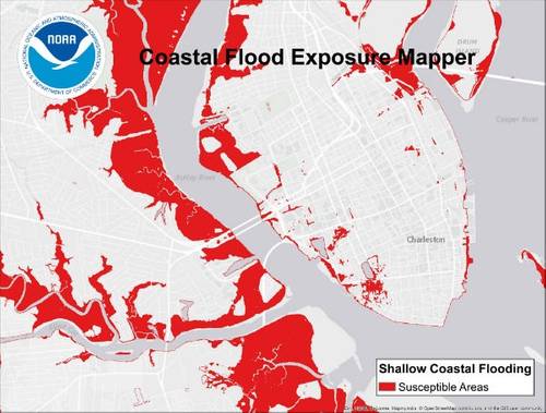 Charleston, South Carolina, was found to be one of the top ten U.S. cities in increased nuisance flooding, according to a June 2014 NOAA report. The Coastal Flood Exposure Mapper enables users to visualize these flood impacts and others in order to craft better resilience plans. (Credit: NOAA)