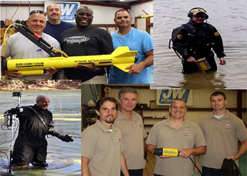 Clockwise from top left; Louisville Fire Dept dive team members with their Fisher side scan, Washtenaw County Sheriff’s diver with Pulse 8X, Rochester Police dive team member with their SCAN-650 sonar, Chief David Pease of REDS Team with Pulse 6X and recovered handgun. (Photo: JW Fishers)