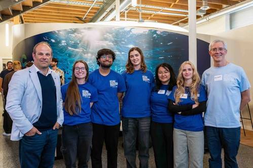 COAST Executive Director Jason Goldsworthy, along with Sea Who's Calling project team Leanne Farmer, Pranav Rajesh Krishnan, Grace Bertozzi, Jossie Yan and Olivia Whitelaw, and Ocean Networks Canada's Impact and Capacity Development Manager Dwight Owens. Photo credit: James MacDonald/COAST.