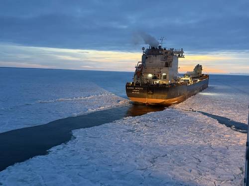 The Coast Guard Cutter Mackinaw (WLBB 30), a 240-foot icebreaker, directly assists the 650-foot motor vessel Algoma Intrepid near Beaver Island on Lake Michigan, Jan. 25, 2026.
U.S. Coast Guard photo by Lt. j.g. William Erekson