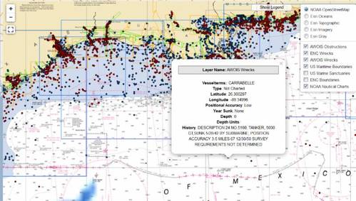 Coast Survey’s wrecks and obstructions database provides info on thousands of wrecks.