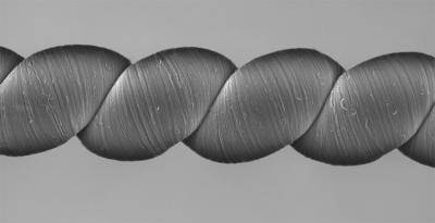 Coiled carbon nanotube yarns, created at the University of Texas at Dallas and imaged here with a scanning electron microscope, generate electrical energy when stretched or twisted. (Image: University of Texas at Dallas)