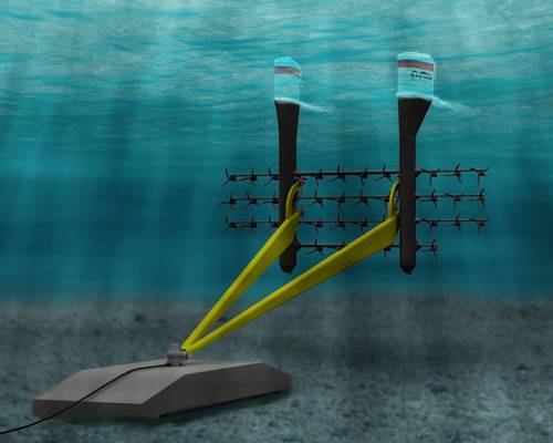 BRTP combines a Triton platform with the small and robust SCHOTTEL STG turbines (inset)  for energy harvesting in the Bay of Fundy.