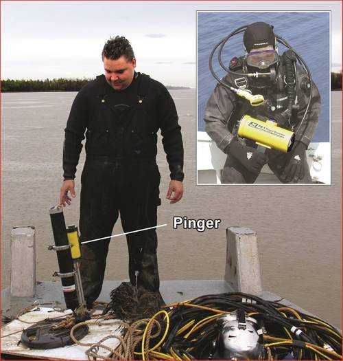 Commercial diver with recovered ADCP & pinger, Inset - diver with PR-1 receiver (Courtesy JW Fishers)