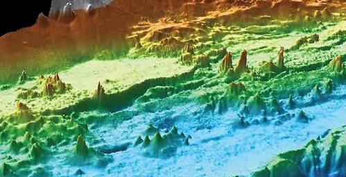 A computer-generate view of the seafloor that shows some of the hydrothermal chimneys in the Endeavour hydrothermal vent field. © 2020 MBARI
