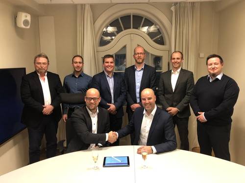 The contract was signed at AkerBPs offices. Back, from the left: Inge Sundet, Aker BP; Hans Andreas Øygarden, Aker BP; Tor-Øystein Carlsen, Optime; Trond Løkka, Optime; Thor Øystein Finborud Tovsrud, Optime; Tor Otto Lidal, Aker BP. Front, from the left: Mads Rødsjø, Aker BP; and Jan-Fredrik Carlsen, Optime. (Photo: Optime Subsea)