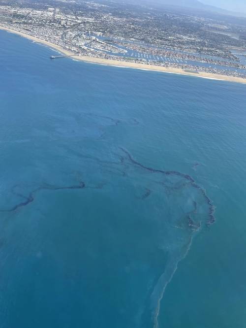 Crude oil is shown in the Pacific Ocean offshore of Orange County, Oct. 3, 2021.
A unified command has been established to respond to and clean up the oil spill off the California coast.
Official U.S. Coast Guard photo.