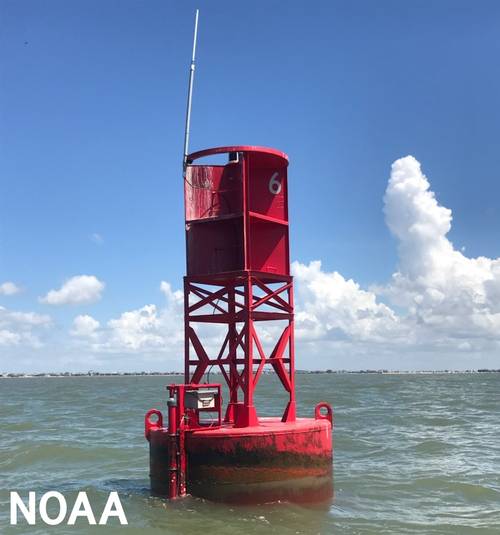 Current meter equipment installed on U.S. Coast Guard Lighted Buoy 6 along the Freeport entrance channel. Currents data in the water column at this location will aid mariners transiting in and out of Port Freeport. (Photo: NOAA)