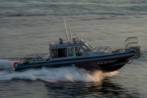 A custom 38-foot Defiant-class welded aluminum monohull pilothouse vessel will be carried aboard the recently-launched R/V OceanXplorer (Photo: Andy Mann, OceanX)