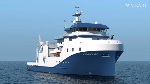 The R/V David Packard will usher in a new era for MBARI’s work. The new state-of-the-art research vessel is currently under construction in Vigo, Spain. MBARI will welcome the new vessel into its fleet in late 2023. Illustration: Glosten © 2021 MBARI