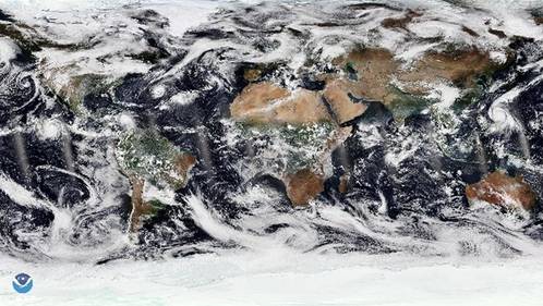 A daylight composite of Earth from Aug. 29, 2021 as seen by the NOAA-20 Satellite. In this image, Hurricane Ida can be seen making landfall on the U.S. Gulf Coast while Hurricane Nora spins in the eastern Pacific Ocean. Credit: NOAA