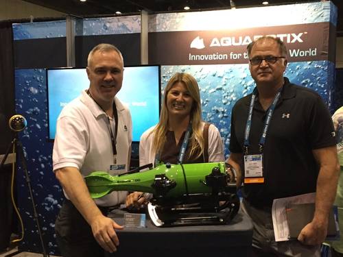 At the DEMA Show 2017 (L-R):  Aquabotix Chief Development Officer Ted Curley; Audrey Darley, Director of Vendor Relations for Darley; and Henry “Ace” Thrift, Director of Business Development, Navy/SOCUM/Federal Team. (Photo: Aquabotix)