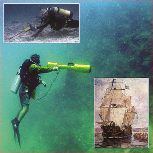Main: diver uses Diver Mag on reef. Top: diver searches with PT-1. Bottom: Le Griffon.