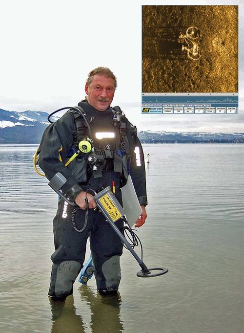 Diver enters water with JW Fishers Pulse 8X detector, Inset – Sonar image of bicycle on river bottom (Photo: JW Fishers)