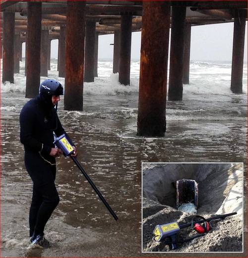 Diver uses PT-1 pinpointing magnetometer to search for buried steel sheets and beams next to pier. Inset photo – Steel beam located with PT-1.