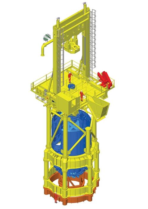 The new T120 drill on top of the Conductor (framework that lifts it above the waves) all in yellow, and also showing the down hole equipment in blue. It will be configured as shown here and attached to the orange steel frame which is fixed to the deck of the transport installation vessel (TIV).