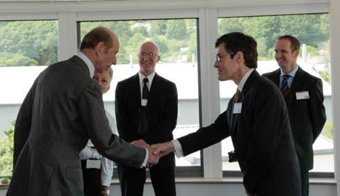 HRH The Duke of Kent KG meets with senior Tritech representatives, (L-R The Duke of Kent, Jacqueline McCloy, Finance Director, Jeff Chambers, Engineering Director, Alastair Mitchell, Supply Chain Director and David Bradley, Managing Director (handshake) (Photo: Tritech)