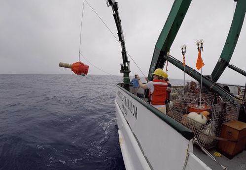 Elizabeth Steffen, scientist at NOAA’s Pacific Marine Environmental Lab and University of Hawaii, deploys a Deep Argo float off Hawaii on May 16, 2018. The float was tested here in preparation for its recent release as part of a new array in the western South Atlantic off Brazil. NOAA and Vulcan collaborated to deploy 27 Deep Argo floats off Brazil that report back ocean temperature and salinity data from the surface to the seafloor. Credit: Blake Watkins/ University of Hawaii