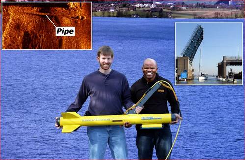 Emmanuel Hlongwane with Fisher sonar tech (l) and side scan, Inset top left: Sonar image of utility pipe, Inset top right: Cheesequake Creek Bridge.