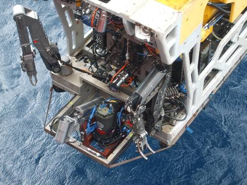 An ROV equipped with underwater dynamic laser mapping equipment from 2G Robotics and Sonardyne prepares for its next survey mission (Photo: Sonardyne)