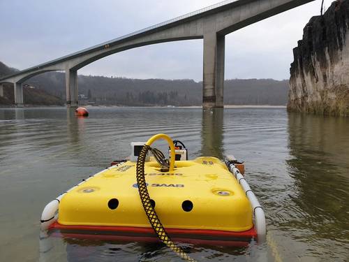 Falcon inspecting bridge supports at Lake Vouglans. Photo courtesy Saab Seaeye