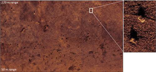 Figure 1 AquaPix SAS mosaic of seabed features in Narragansett Bay. The right hand image shows two lobster pots and connecting rope at 200 m range. Resolution is 3x3 cm across the entire swath.