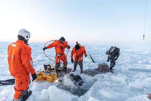 Figure 2. Diver attempting to locate mooring under ice. (Photo credit: Daniel Fatnes of the Norwegian Coast Guard)