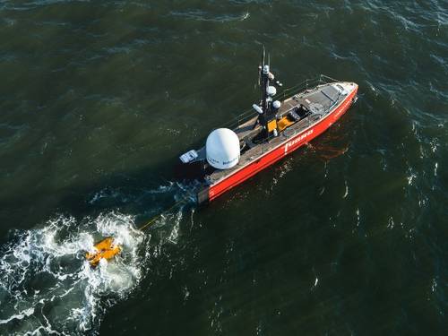 The Fugro Blue Essence uncrewed surface vehicle retrieves the Fugro Blue Volta electric remotely operated vehicle in the North Sea on March 3, 2022. Credit: Fugro