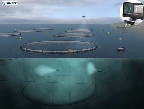 Future aquaculture operations: projects such as Artifex, Exposed and CageReporter are providing the groundwork for a revolution in fish farming. Operations could be carried out autonomously using ROVs, unmanned surface vessels and drones controlled from shore. The ROV could be used inside or outside the net in future, but has only been tested inside the cage so far. (Illustration courtesy of SINTEF Ocean AS.)