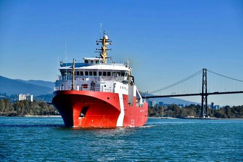 The future Capt. Jacques Cartier, the second of three Offshore Fisheries Science Vessels (OFSV) to be designed and built by Seaspan at its Vancouver Shipyards (VSY), began sea trials on October 10, 2019. Photo: Seaspan Shipyard.