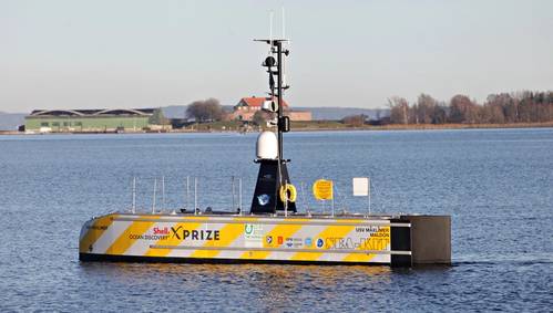 The GEBCO-NF Alumni Team’s concept utilizes a SEA-KIT unmanned surface vessel, USV Maxlimer. (Photo: Kongsberg Maritime)
