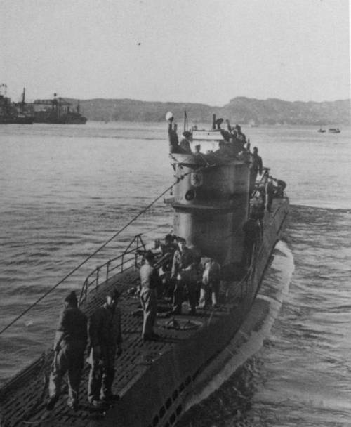 The German U-576 departs Saint-Nazaire, France, on the Atlantic coast, circa 1940-1942. The submarine was sunk in 1942 by aircraft fire after attacking and sinking the Nicaraguan freighter Bluefields and two other ships off North Carolina. (Credit: With permission from Ed Caram)