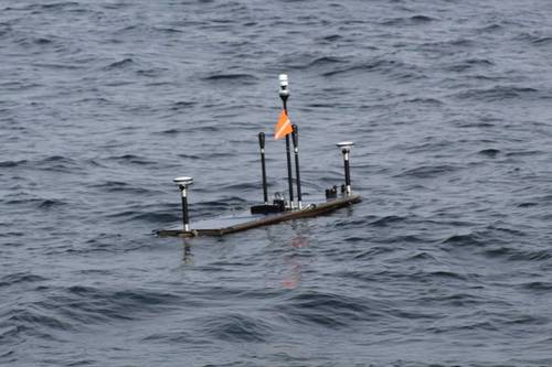 The USGS Wave Glider on mission equipped with Sonardyne GNSS-A instrumentation. Credit: USGS