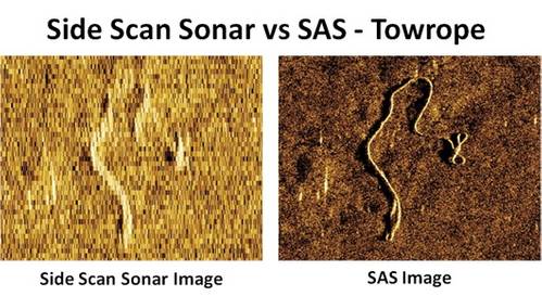 The graphic illustrates the difference in image quality of a 20 meter towrope lying on the seabed (Image courtesy of Kraken Sonar)