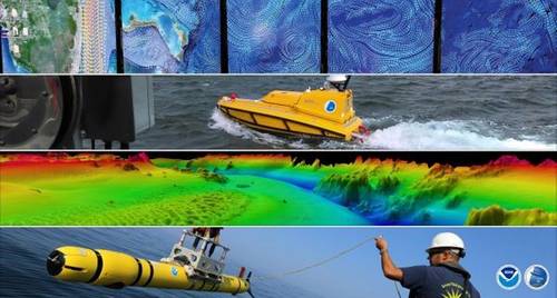 A group of four images (top to bottom): an image of the Visual Lab at University of New Hampshire/Joint Hydrographic Center, an uncrewed surface vessel during survey operations, a digital terrain map of the entrance to Portsmouth Harbor, NH., and an image of an autonomous underwater vehicle being deployed. (Image credit: NOAA and University of New Hampshire/Joint Hydrographic Center)