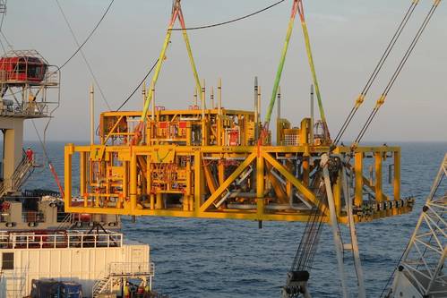 The Gullfaks Compression System station installation, which comprises piping and valves, as well as the two multiphase compressors and process coolers. All images from OneSubsea
