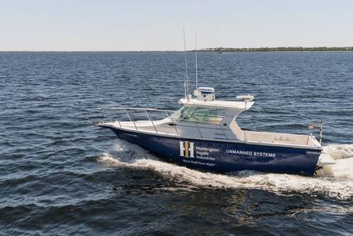 Huntington Ingalls Industries' 27-foot Proteus USV, outfitted with Sea Machines Robotics’ SM300 autonomy system. Photo courtesy HII/Sea Machines
