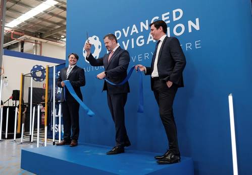 Ed Husic MP - Minister for Industry and Science (middle) officially unveils the facility with Advanced Navigation CEOs and co-founders Xavier Orr and Chris Shaw.