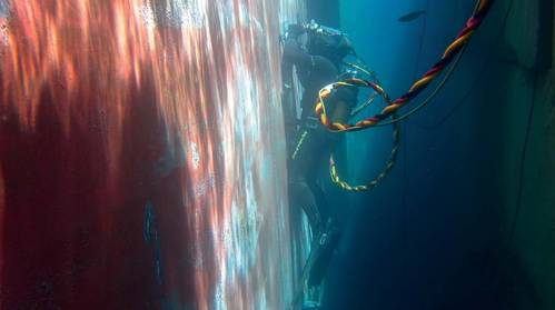 Hydrex diver performing initial inspection of the damaged hull. (Photo: Hydrex)