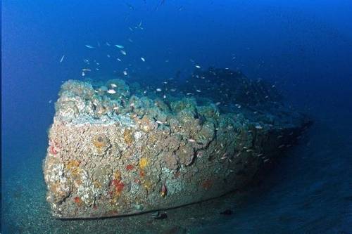 The bow of the iconic Civil War ironclad Monitor resting on the seafloor off North Carolina. (Photo credit: Joe Poe, Monitor National Marine Sanctuary advisory council)