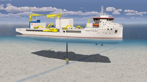 Illustration / 3D image of the next-generation rock installation vessel Jan De Nul ordered, showing the vessel installing rock on top of a subsea energy cable (Credit: Jan De Nul)