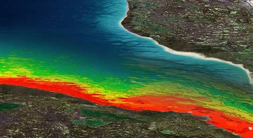 Image shows 10m SDB and bathymetric contour lines produced from numerous Sentinel 2 images in the Fox Basin, Arctic Canada. image courtesy TCarta