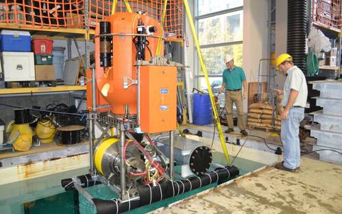 The initial shallow profiler undergoes testing at the University of Washington. DeepWater Buoyancy’s syntactic foam systems (in orange) will provide uplift and platform stability for the Regional Scale Nodes portion of the Ocean Observatories Initiative. Photo: Mitch Elend, University of Washington.