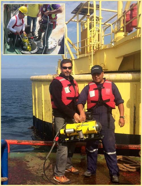 INSUB personnel with JW Fishers SeaLion-2 ROV, Inset – Works of Diving Hong Kong’s team lowering ROV into tank. (Photo: JW Fishers)