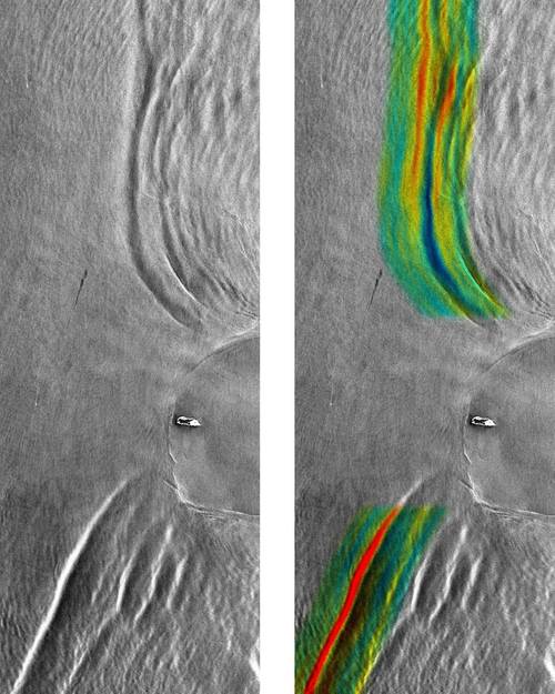 Internal waves at Dongsha Island on April 23, 2010, as seen by the radar on TerraSAR-X in its conventional mode of operation (left) and in the experimental new mode that permits direct velocity measurements (right), with the measured surface velocities shown in color. Red and blue colors indicate surface velocities of about 0.5 m/s to the left and to the right, respectively. (Images: German Aerospace Center (DLR) 2010.)