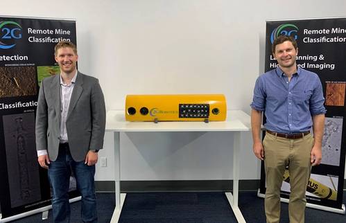 Jason Gillham (left) and Chris Gilson with one of 2G Robotic’s latest RECON line of payloads for light, modular AUVs.
