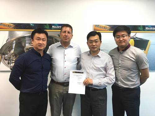 Jessn Marine and MacArtney sign the agreement. From left to right: Spencer Tan, System Sales Manager, MacArtney Asia Pacific; Steen Frejo, Managing Director, MacArtney Singapore, Asia Pacific Operations; He Bo, Director, Jessn Marine; and Liu Mu Xue Lester, Sales Manager Ocean Science, Jessn Marine (Photo: MacArtney)